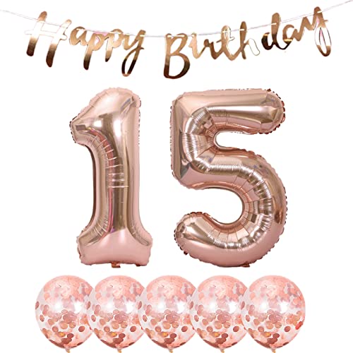 Rose Gold 15th Birthday Decoration Kit with Banner & Balloons