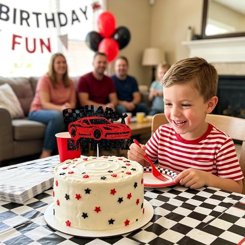 Race Car Birthday Cake Topper - Red Glitter Racing Theme Decor