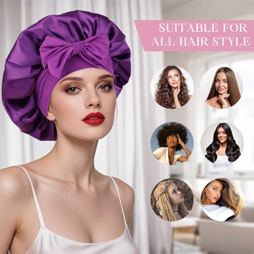 Double Layer Satin Sleep Bonnet with Adjustable Tie Band for Women Purple