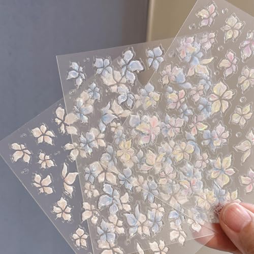 5D Embossed Flower Nail Art Stickers - 3 Sheets Self-Adhesive Floral Decals