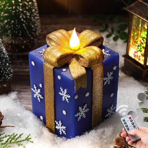 Blue Flameless Gift Box Candle with Remote Timer - Hand-Painted Christmas Decor