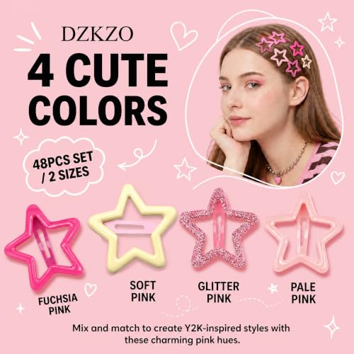 Pink Star Hair Clips 48pcs Y2K Cute Snap Barrettes in 2 Sizes