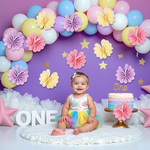 12PCS Butterfly Tissue Paper Pom Poms - Khaki, Pink & Purple Decorations