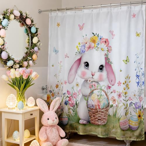 Mocsicka Easter Shower Curtain 71x71 Inch Bunny Eggs Bathroom Decor with 12 Hooks