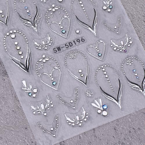 Guroenky 5D Embossed Rhinestone Nail Stickers, Silver Heart French Tip Decals