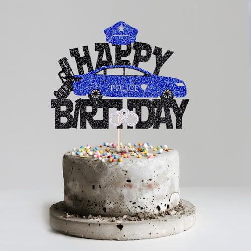 Black Glitter Police Car & Officer Cake Topper - Kids Birthday Party