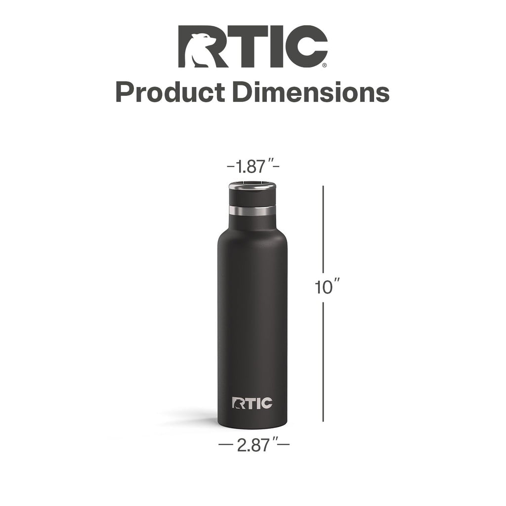 RTIC 20oz Journey Water Bottle Ceramic Lined Metal Stainless Steel Vacuum Insulated, BPA Free, Reusable, for Water, Hot and Cold Drinks, Travel, Sports, Camping, Black