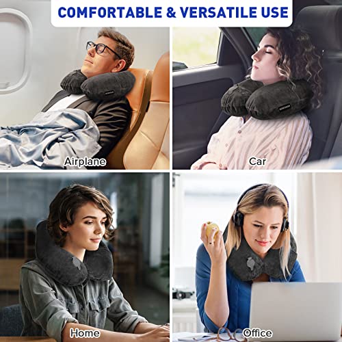 Rewondah Dark Grey U-Shaped Inflatable Travel Neck Pillow with Washable Velour Cover