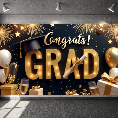 Congrats Grad Banner - Black Gold Graduation Party Decoration 2026