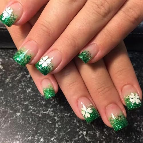 St. Patrick's Day Press On Nails Short Square Green Glitter French Tip False Nails