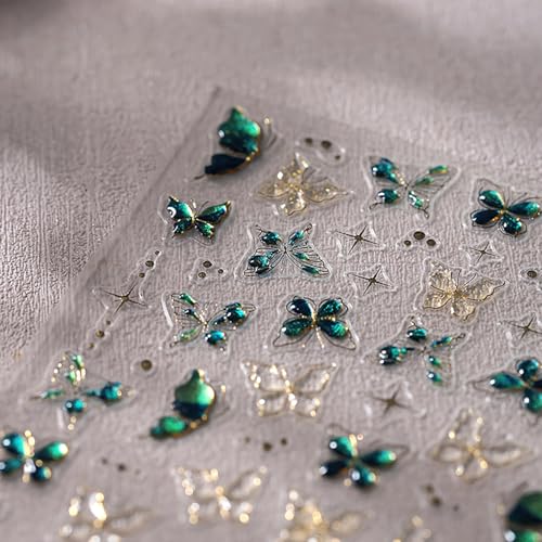 5D Embossed Green Gold Butterfly Nail Stickers Self-Adhesive Nail Decals