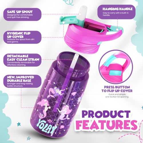 YOLAY Mermaid Kids Water Bottle with Straw - 15 oz Durable Design