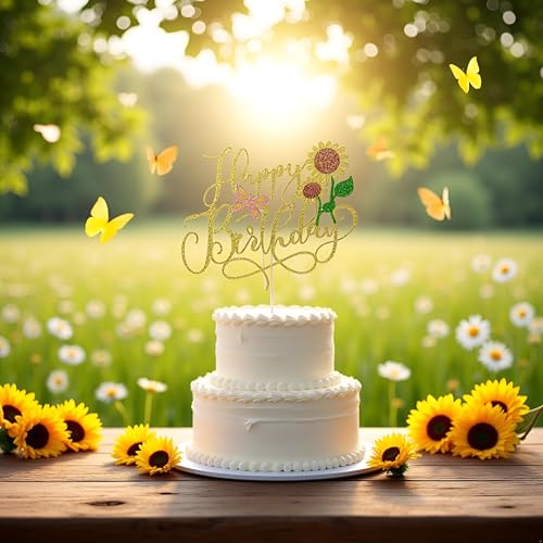 Gold Glitter Sunflower Cake Topper for Birthdays & Baby Showers
