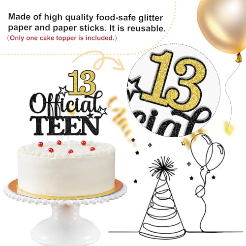 Official Teen 13 Cake Topper - Gold Glitter Birthday Decoration