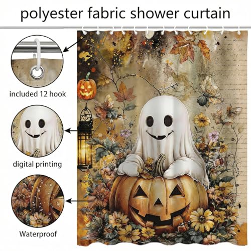 Yellow Halloween Shower Curtain with Ghost & Pumpkin - 72x72 Inch Waterproof Fabric Set