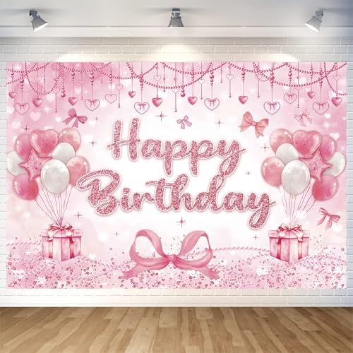 Pink Heart Bow Happy Birthday Backdrop Banner 70.8 x 47.2 Inch