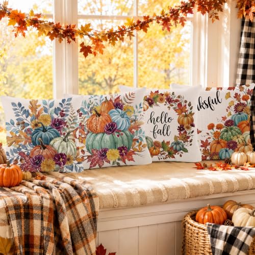 DTDO Pumpkin Floral Fall Throw Pillow Covers 18x18 Set of 4 for Bedroom & Home Decor