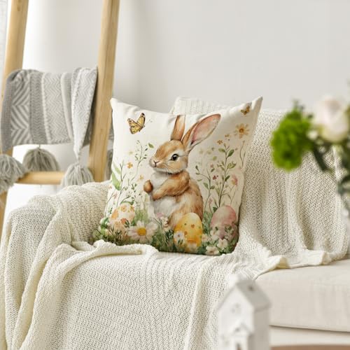 AVOIN colorlife Easter Bunny Throw Pillow Cover, 18x18 Inch Floral Case
