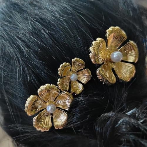 SICOPEE 3 Pack Vintage Gold Flower & Pearl Hair Combs for Wedding Bridal