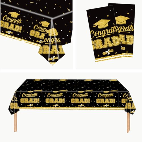 Black & Gold Graduation Tablecloth Set - 2 Pack, 54x108 Inch