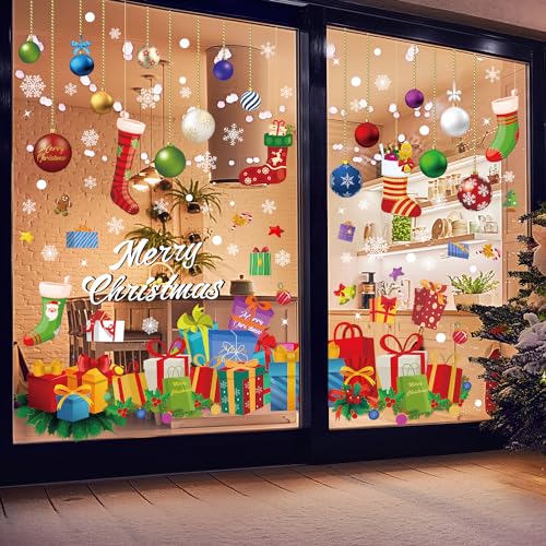 Christmas Window Clings Set - Holiday Snowflakes & Ornaments, 6 Sheets, 11.8 x 11.8 inches