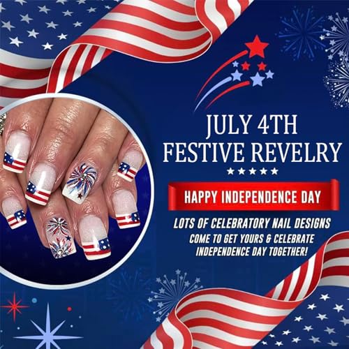 4th of July Press on Nails Medium Square Patriotic False Nails with Firework Rhinestones