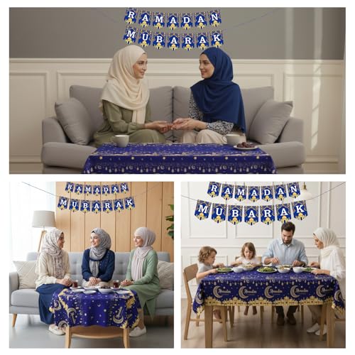 Ramadan Mubarak Decorations Set - Blue and Gold Banner, Garland & Tablecloth
