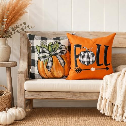 GEEORY Fall Buffalo Plaid Pumpkin Throw Pillow Covers 18" x 18" (Set of 4, Orange)