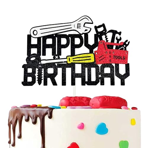 Mechanic Themed Happy Birthday Cake Topper - Glitter Tool Design