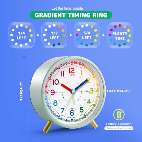 Kids Alarm Clock Green Silent Non-Ticking Learning Clock for School Beginners
