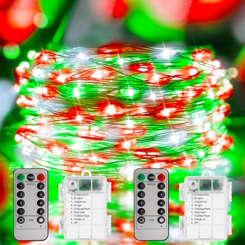 Christmas String Lights 2 Pack - Red White Green LED Fairy Lights with Remote Control