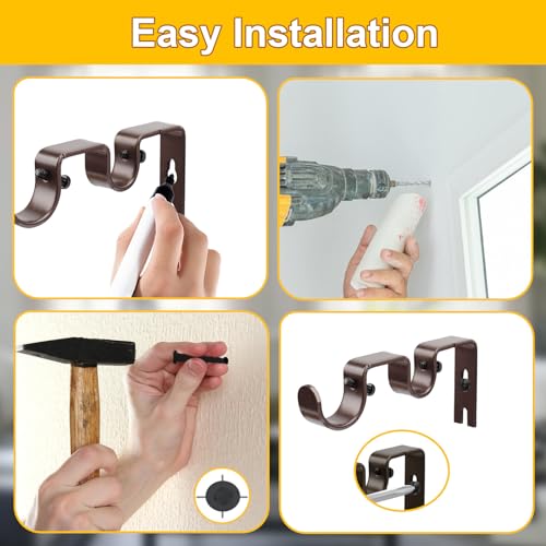 Shonmogar Brown Double Curtain Rod Bracket 2 Pack Heavy Duty Wall Mount for Bedroom & Living Room