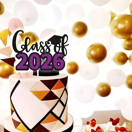 Class of 2026 Graduation Cake Topper - Black & Purple Glitter