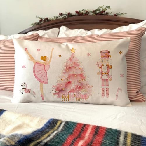Pink Christmas Pillow Cover 12x20" - Ballerina & Nutcracker Design