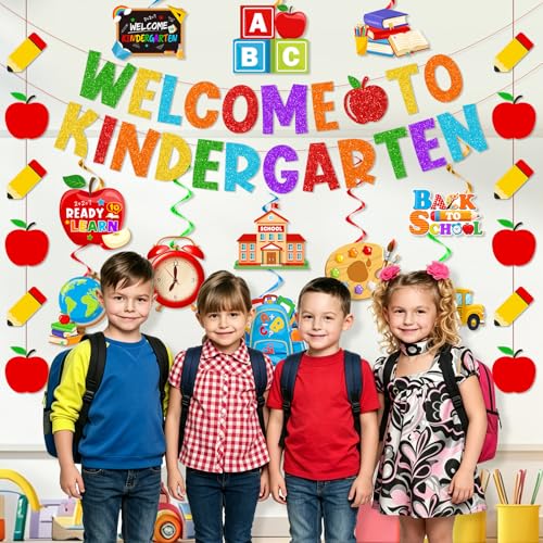 Back to School Kindergarten Decorations Kit with Banner & Hanging Swirls
