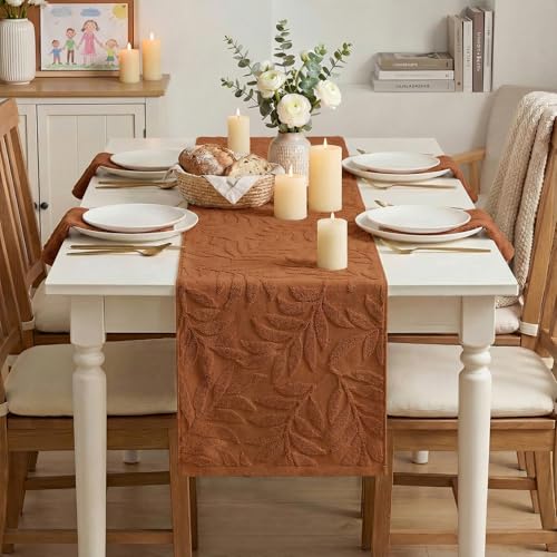 Caramel Soft 3D Jacquard Leaves Cotton Table Runner 13x72 Inch - Spring Holiday Home Decor
