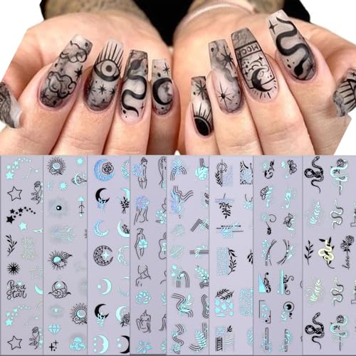 TBRZTR 8 Sheets Laser Silver Nail Art Stickers 3D Self-Adhesive Sun Moon Flower Decals