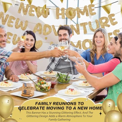 New Home New Adventure New Memories Glitter Banner, Champagne Gold