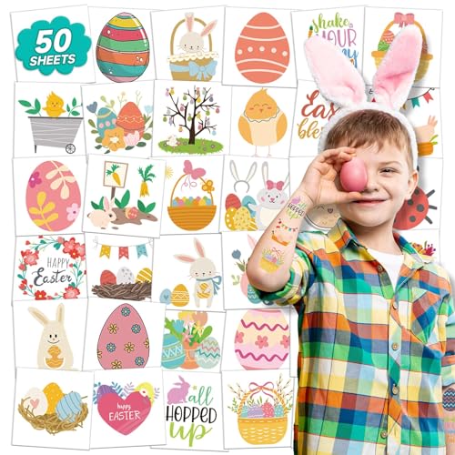 EMOME Easter Temporary Tattoos for Kids 50-Pack Party Favors Basket Stuffers