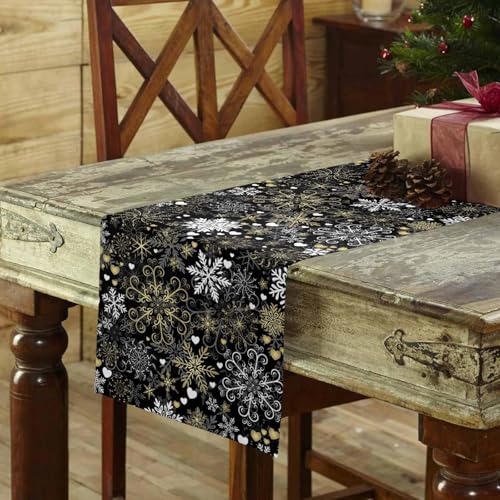 Black Christmas Snowflake Table Runner 13x72 Inches Cotton Linen Holiday Decor - Black