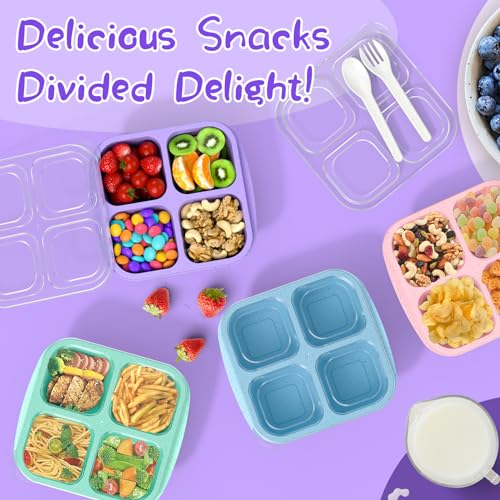 Bento Snack Containers 4-Pack - 4-Compartment Meal Prep in Green, Blue, Purple