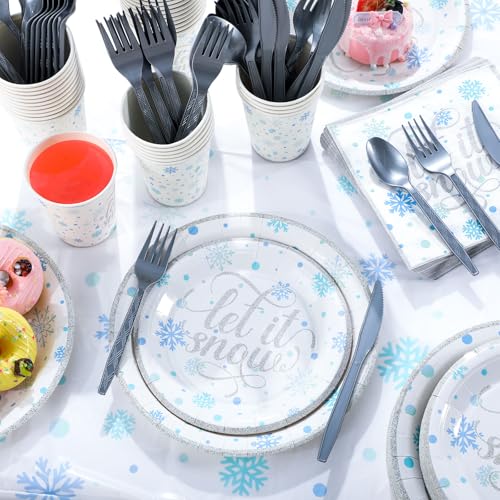 352 Pcs Snowflake Winter Party Tableware Set - Silver - Disposable Dinnerware for 50 Guests