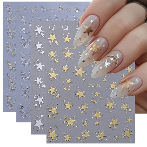 TailaiMei 3D Gold Silver Star Nail Stickers Self-Adhesive Decals (4 Sheets)