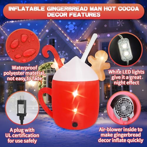 6ft Gingerbread Inflatable Christmas Decorations with Hot Cocoa Mug, Outdoor Yard Decor