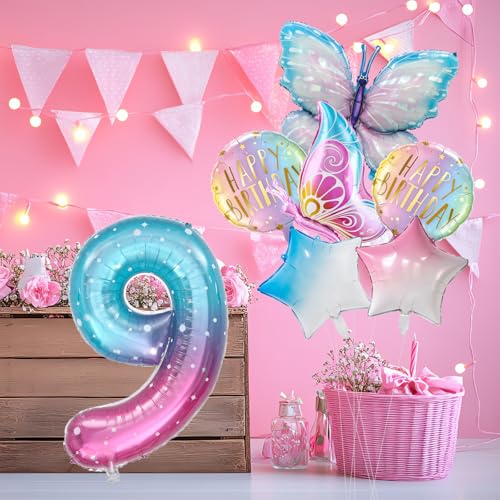 Zlongron Butterfly Balloon Set for 9th Birthday Party - 40 Inch