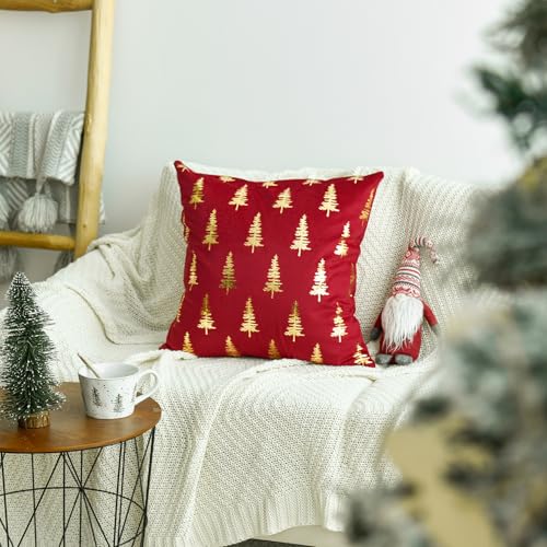 Christmas Red Velvet Throw Pillow Cover 20 x 20 Inches Set of 2 with Gold Foil Tree Design