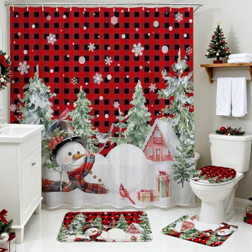 Christmas Shower Curtain Set with Snowman Pine Tree Bath Rugs & Toilet Lid Cover - Red 71" W x 71" L