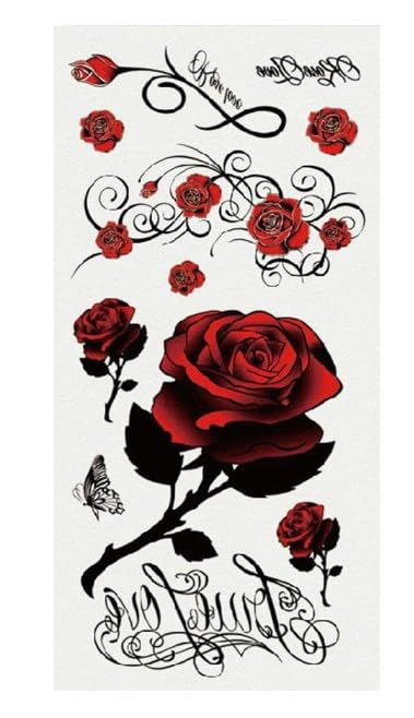 Red Temporary Tattoo Stickers Set - 20 Pcs Rose Butterfly Dragon Floral