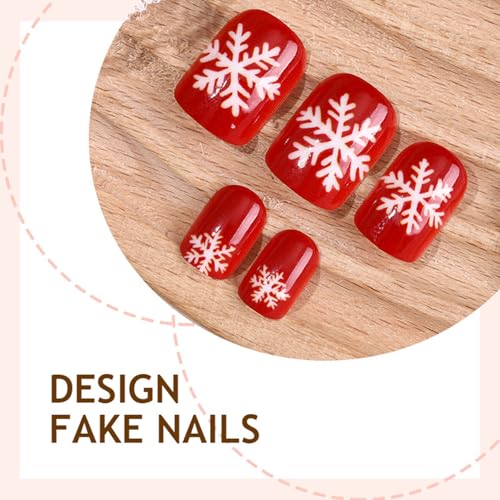 Christmas Press on Nails Short Square False Nails Red Snowflake Design