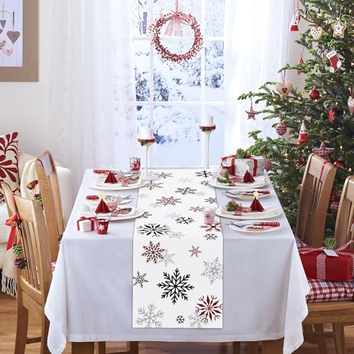 Bonhause Red & Black Snowflakes Winter Table Runner 13x90 Inch Holiday Decor